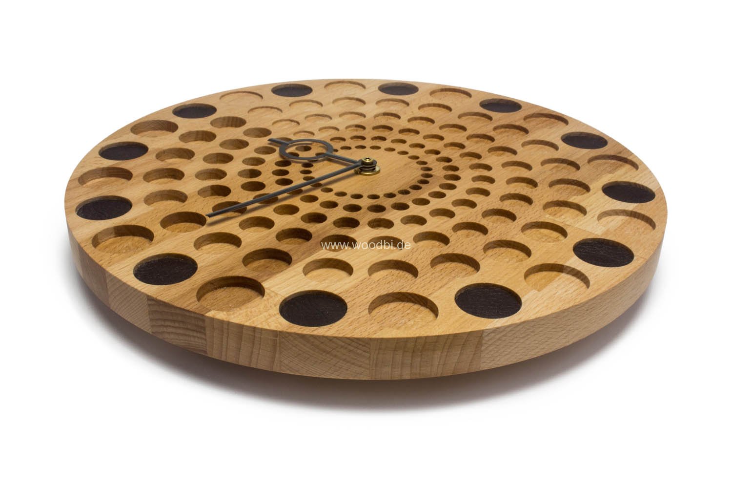 Uhr für Wohnzimmer aus Holz und Leder mit kurzen Zeigern