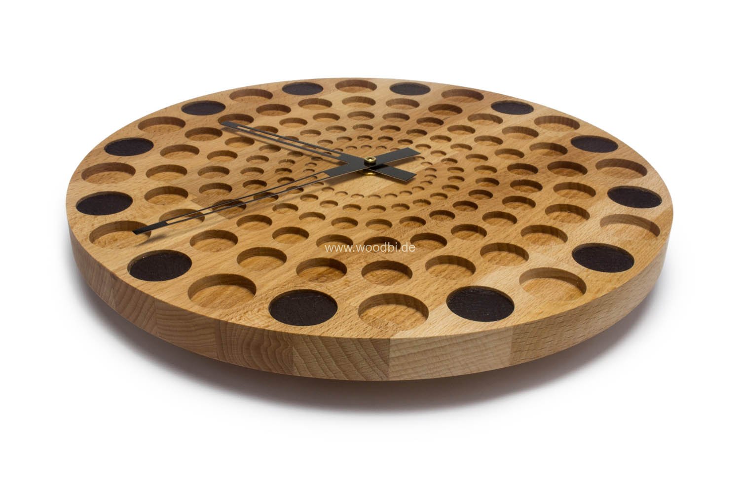 Uhr für Wohnzimmer aus Holz und Leder mit langen Zeigern Buche