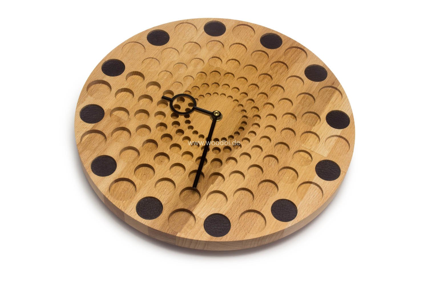 Wanduhr aus Holz und Leder mit kurzen Zeigern Hersteller