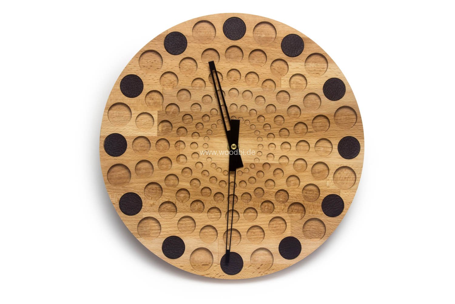 Wanduhr aus Holz und Leder mit langen Zeigern 300mm