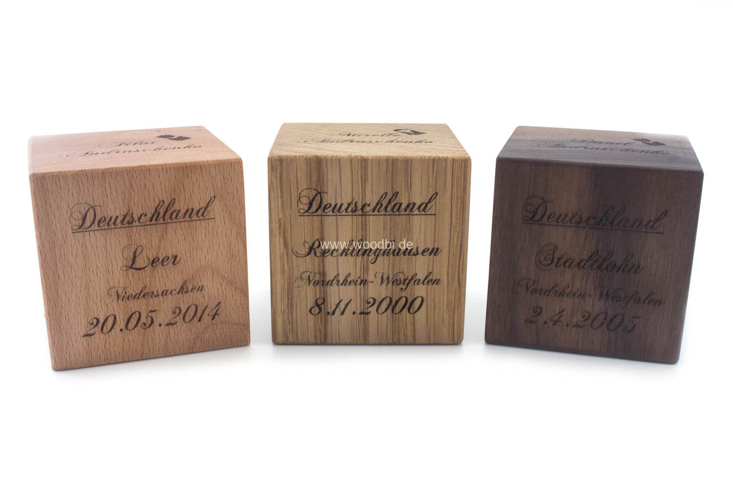 Holzwürfel mit Gravur Eiche Buche Nussbaum