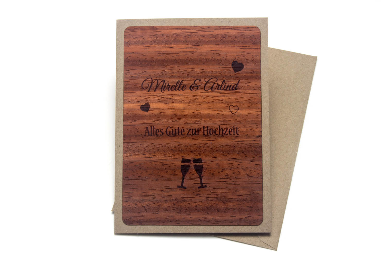 Hochzeitskarte aus Holz mit Gravur
