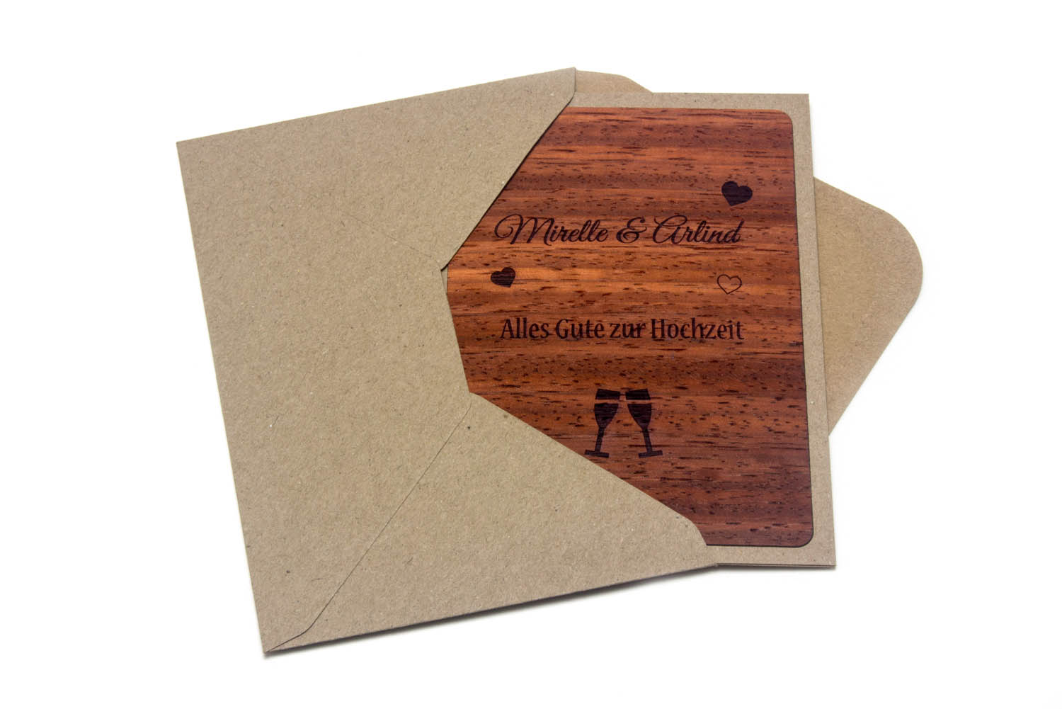 Hochzeitskarte aus Holz mit Umschlag